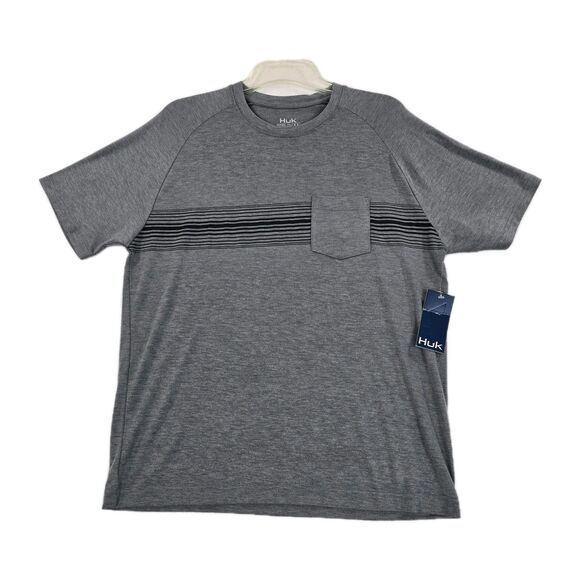 Huk Shirt Mens Medium Gray Waypoints Paraboo Strip UPF 50+ Performance Fishing - Picture 1 of 11